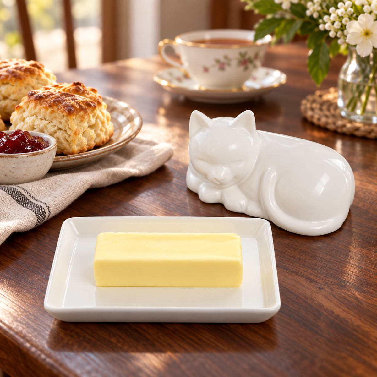 HIC - Harold Import Co. - Porcelain Cat Butter Dish with Lid
