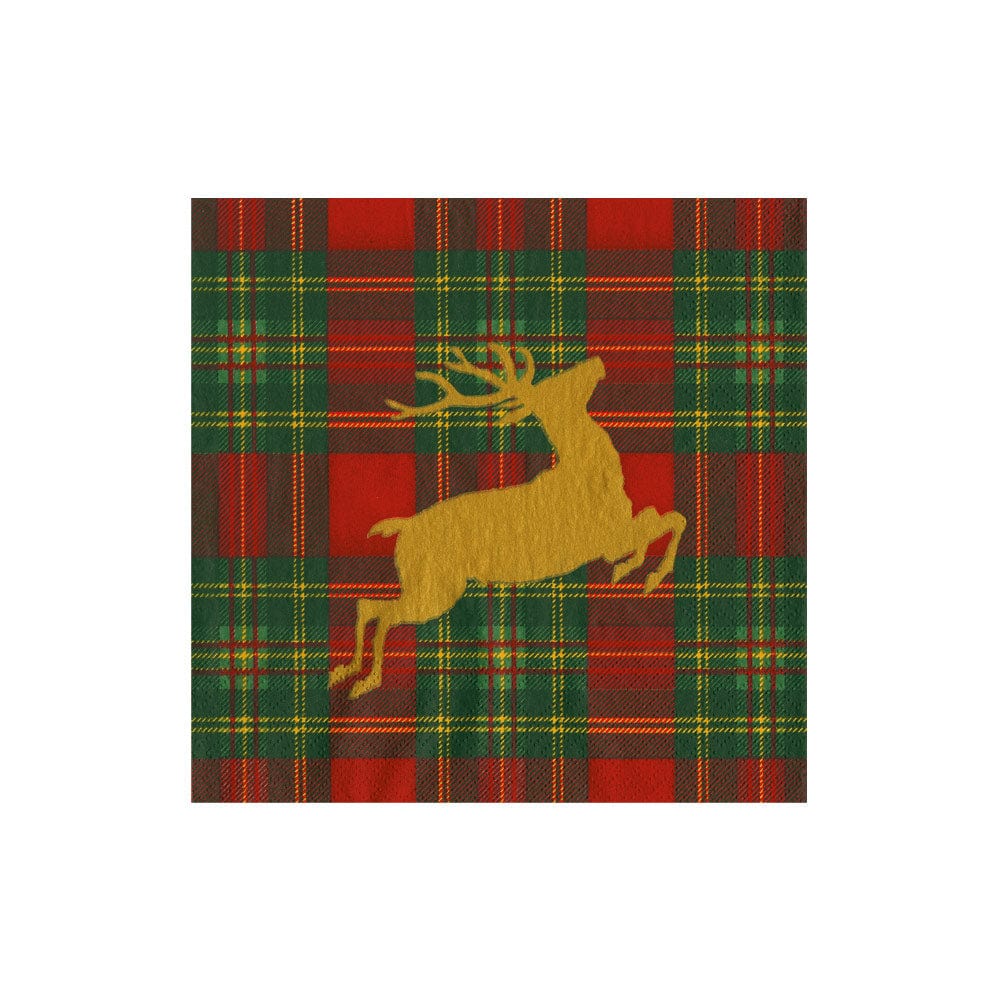 Caspari Reindeer Tartan Red Cocktail Napkins, Set of 20