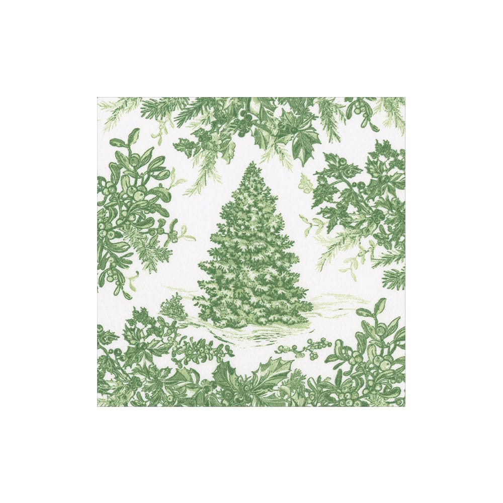 Caspari Christmas Tree Toile Sage/White Paper Linen Cocktail Napkin, Set of 15