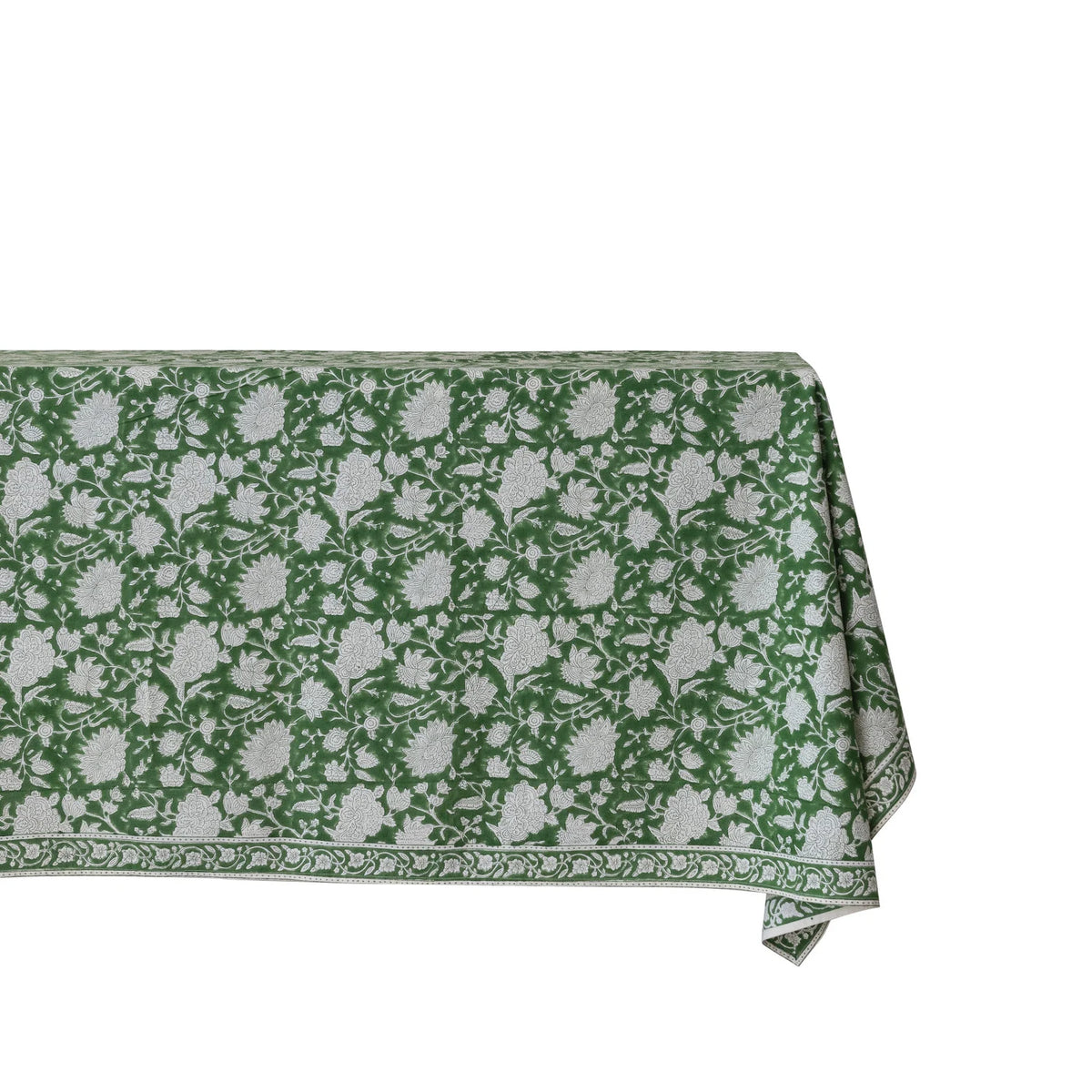 Cotton Block Print Tablecloth with Floral Pattern, Green & White