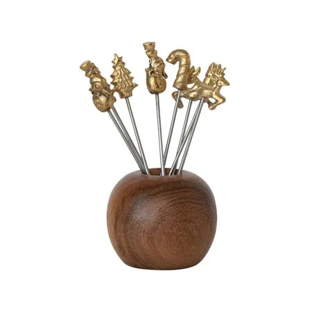Mango Wood Holder with 8 Appetizer Picks, Set of 9