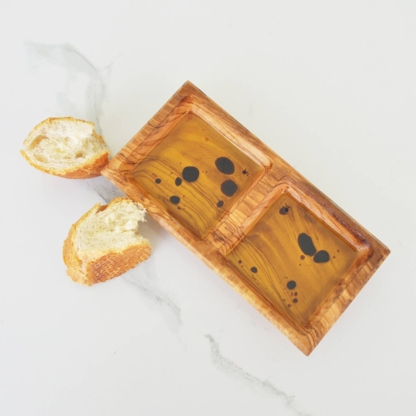 Olive Wood Square Double Dipping Bowl, 6.5”