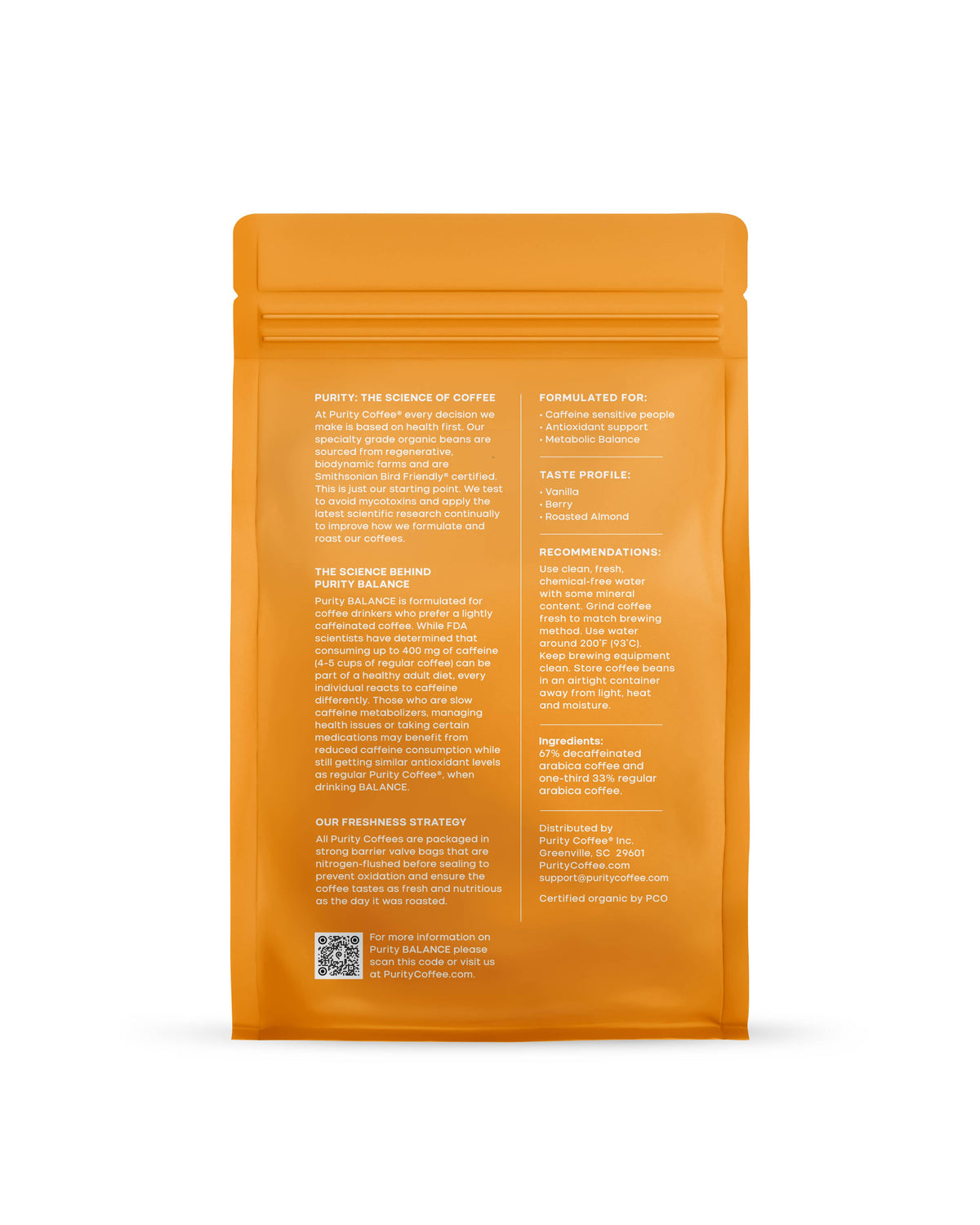 Purity Coffee - Organic Mold Free Low Caffeine Whole Bean Coffee | BALANCE