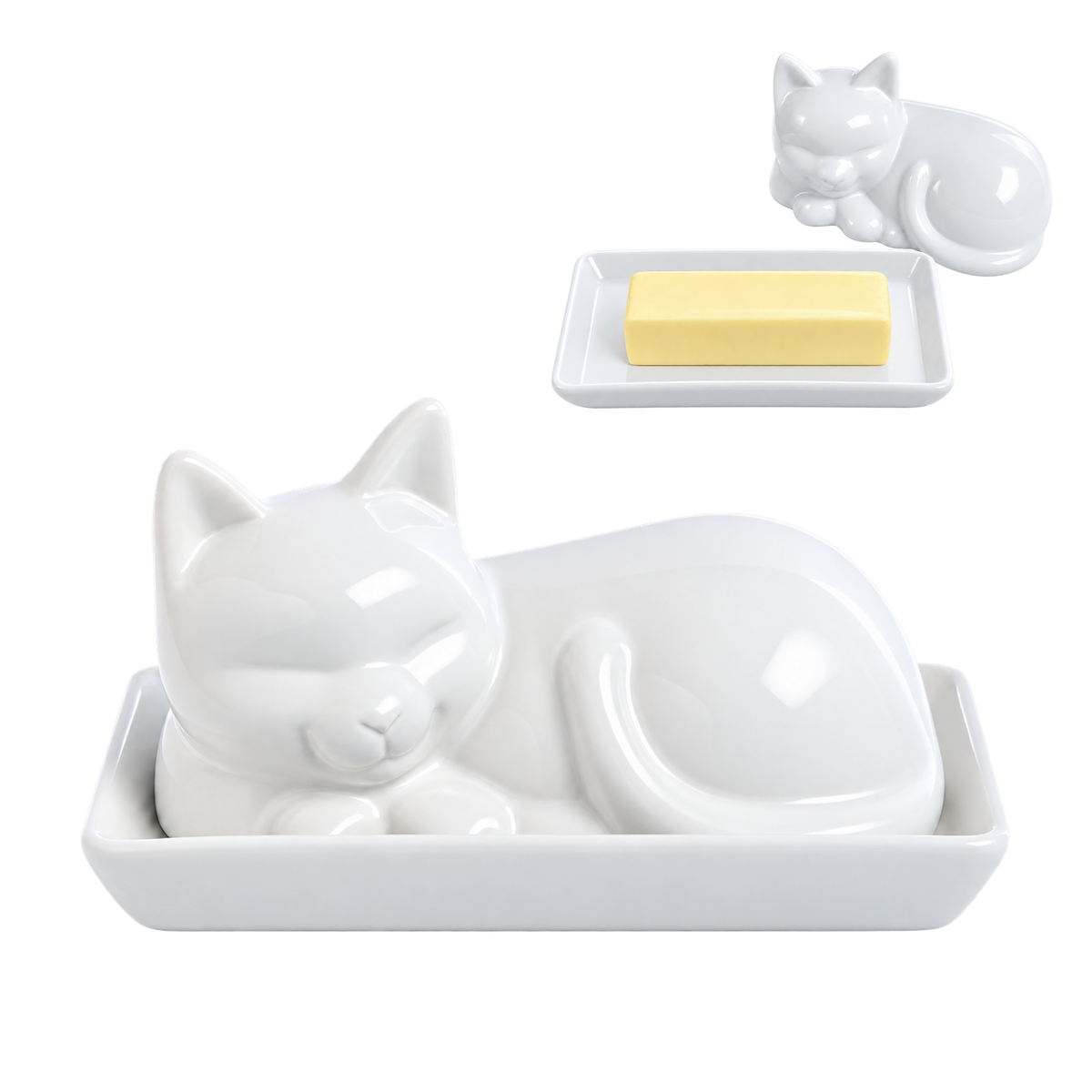 HIC - Harold Import Co. - Porcelain Cat Butter Dish with Lid