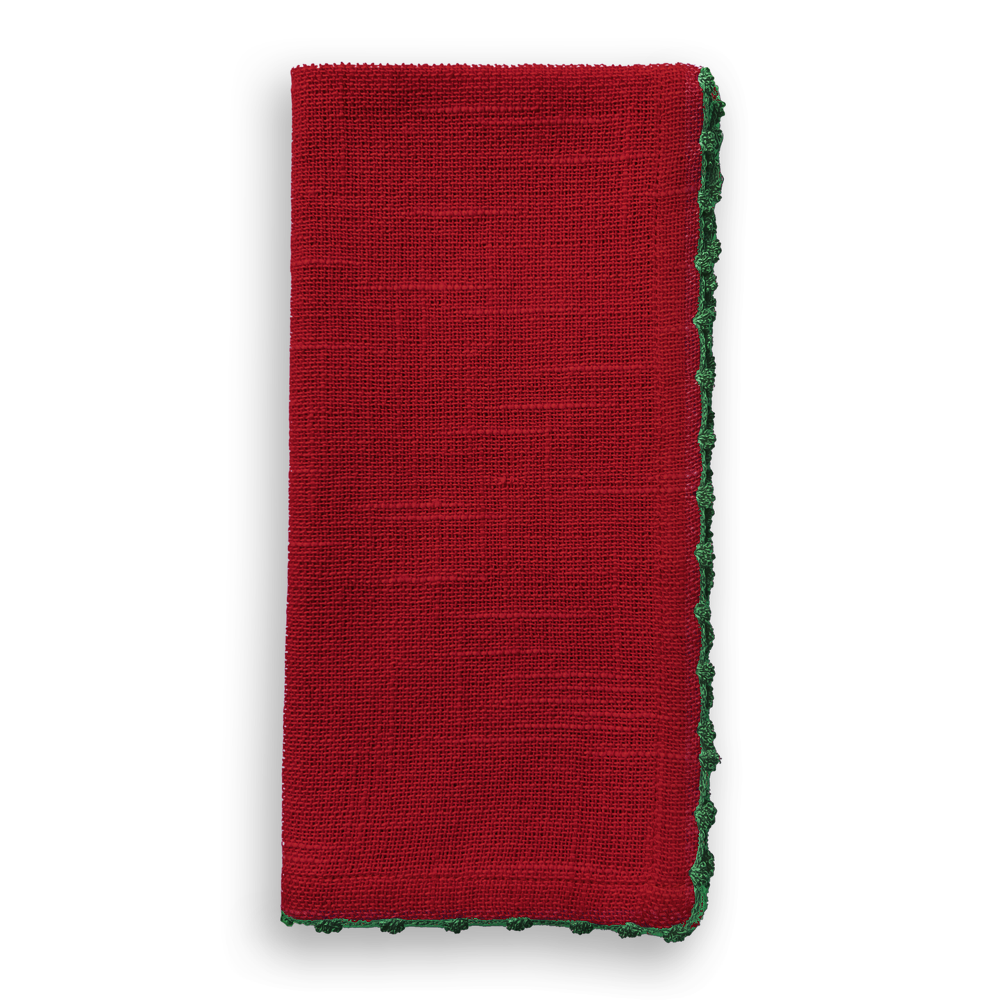 French Graffiti - Knotted Edge Scarlet Red Cotton Napkin Green Trim