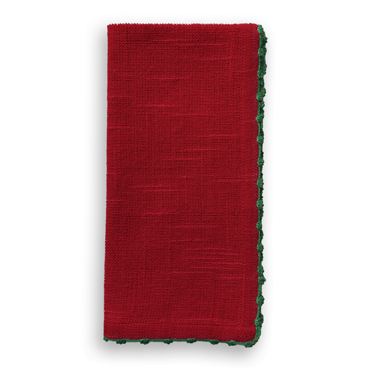 French Graffiti - Knotted Edge Scarlet Red Cotton Napkin Green Trim