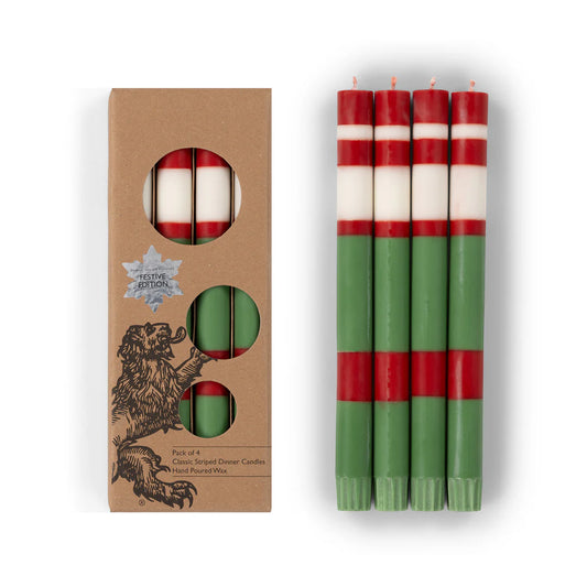 Striped Holiday Emerald Oriental Red And Pearl White Eco Dinner Candles, Set of 4