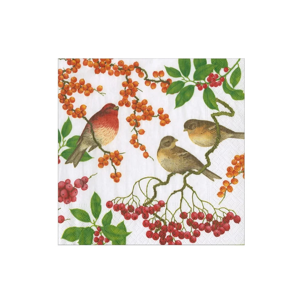 Caspari Birds and Berries White Cocktail Napkins, Set of 20