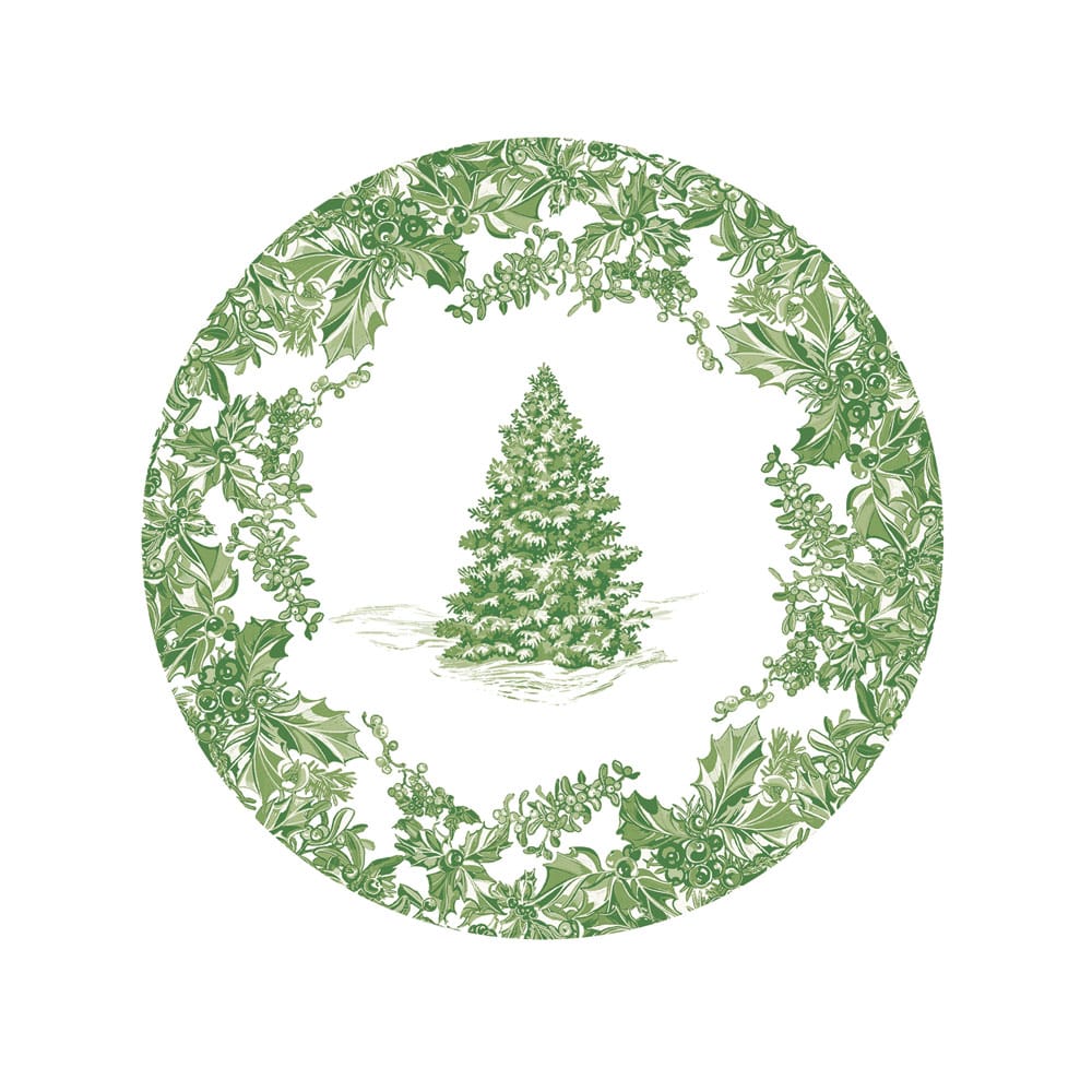 Caspari Christmas Tree Toile Sage/White Salad/Dessert Plates, Pack of 8
