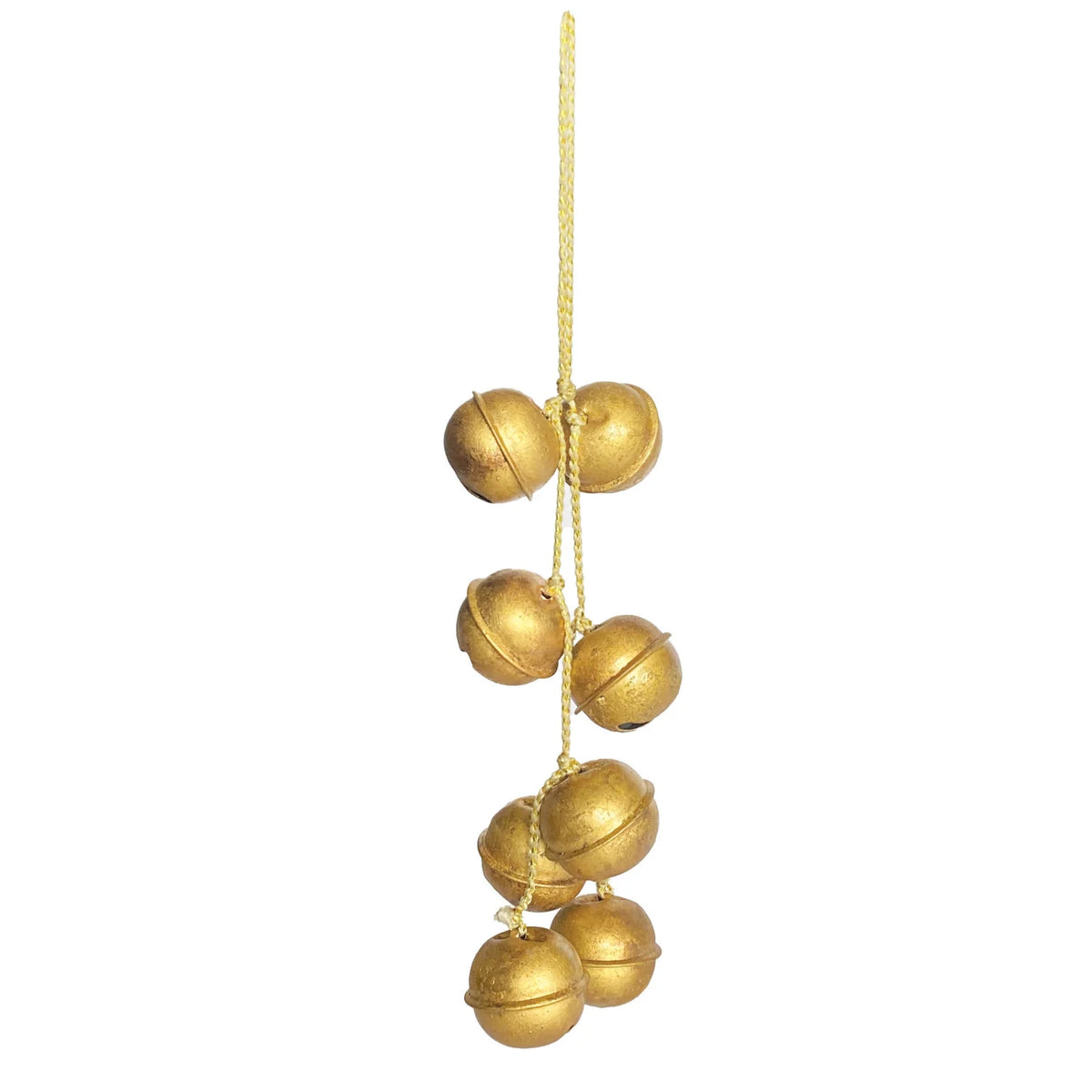 Hanging Metal Jingle Bell Cluster with White & Gold Cord, Gold Finish