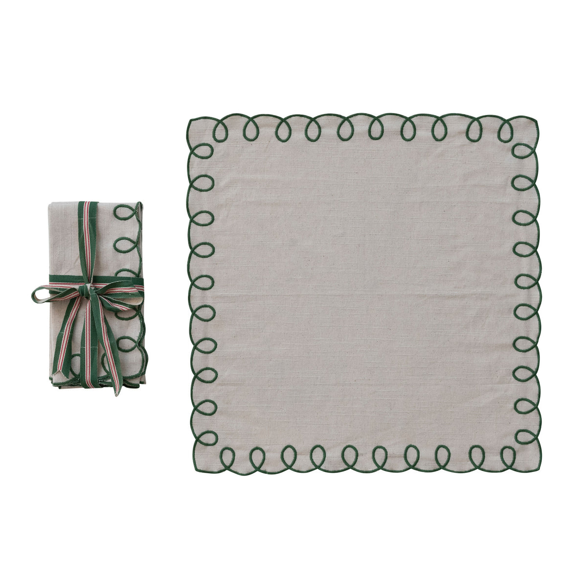 Cotton Scalloped Napkins with Embroidered Edges, Set of 4