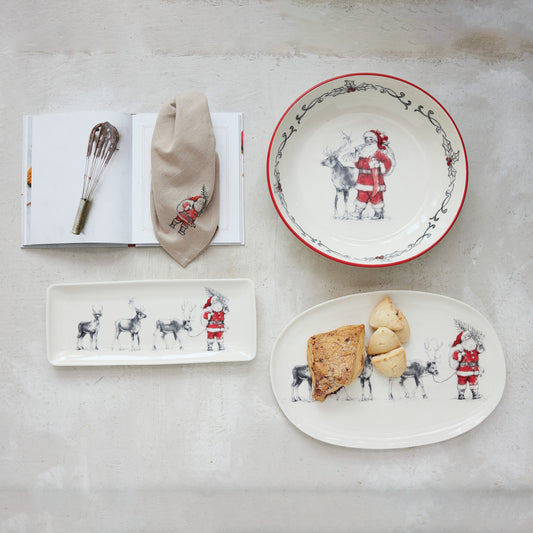 Oval Stoneware Serving Platter with Santa Leading Reindeer