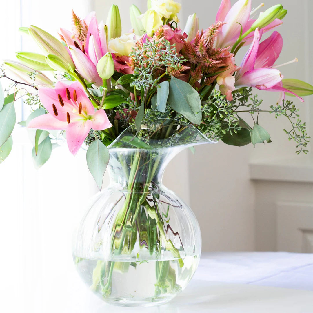 Vietri Hibiscus Glass Large Fluted Vase, Clear