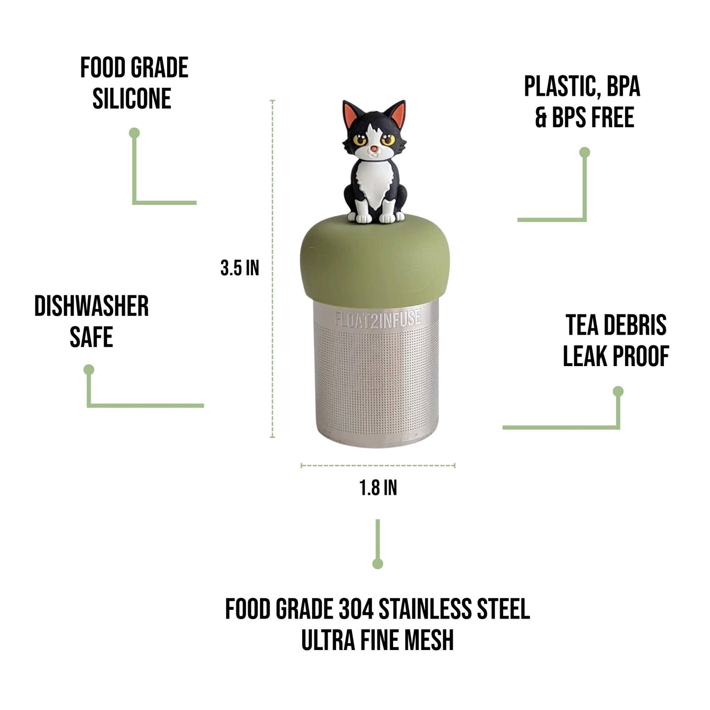 Float2infuse Tea Infuser - Black & White Cat | Floating Tea Infuser | Green Base