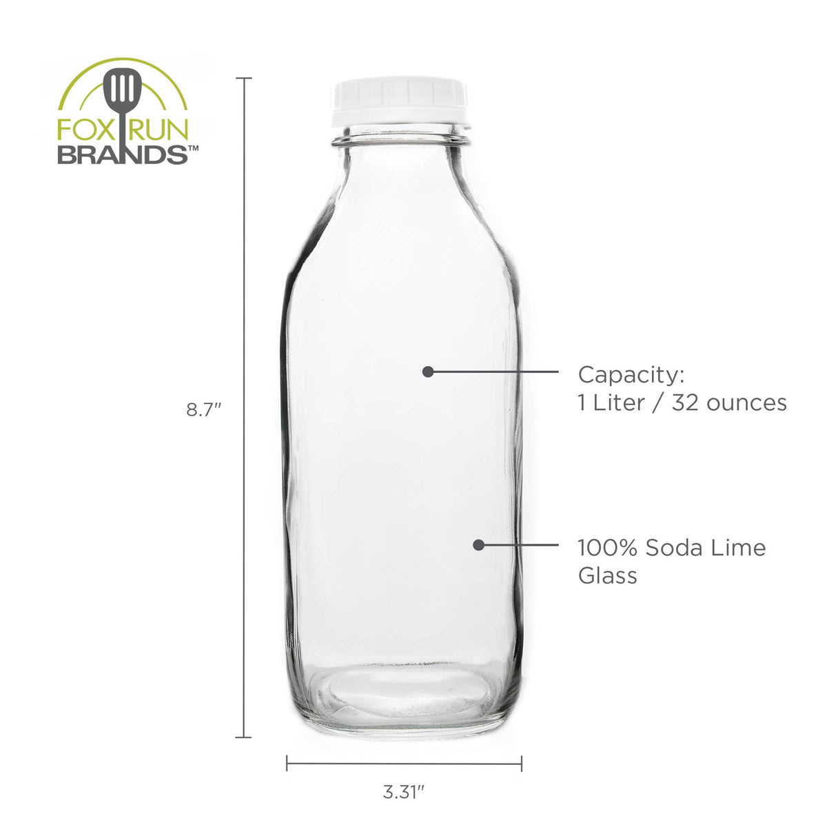 Fox Run Brands - Fox Run Classic Glass Milk Bottle With Lid, 32 oz or 1 Quart
