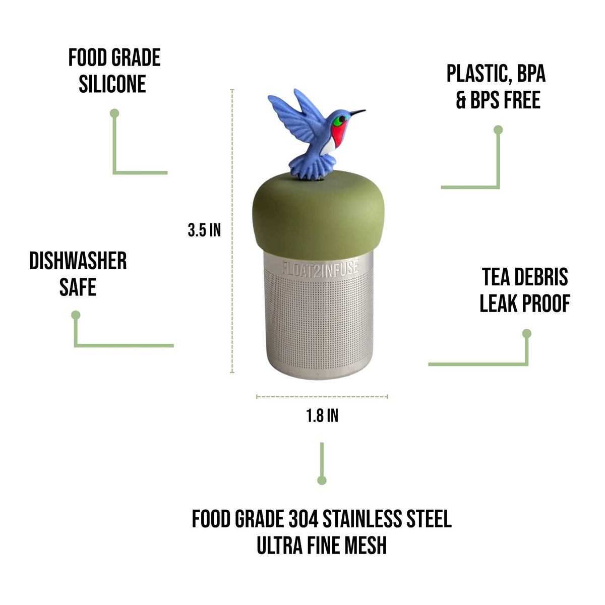 Float2infuse Tea Infuser - Hummingbird | Floating Tea Infuser | Green Base | Blue Bird
