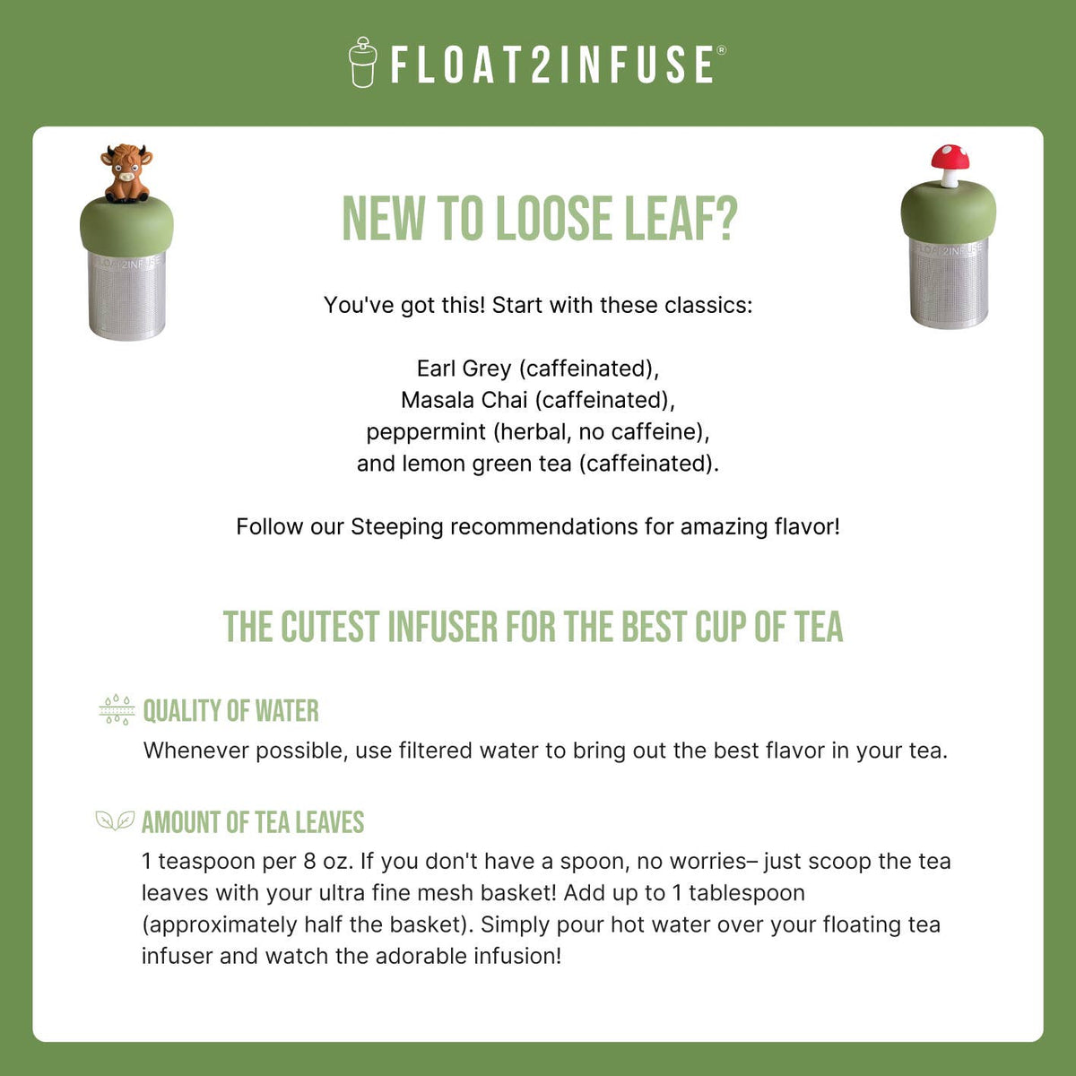 Float2infuse Tea Infuser - Hummingbird | Floating Tea Infuser | Green Base | Blue Bird