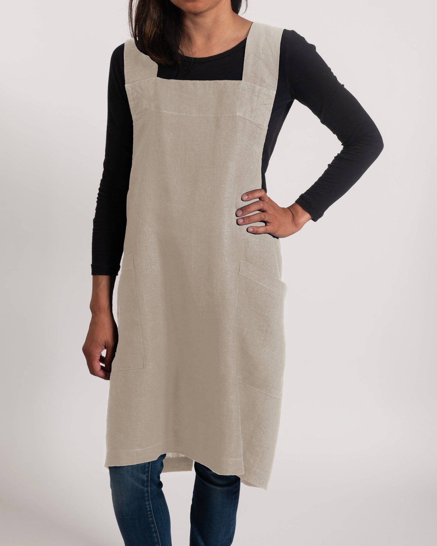 KAF Home Firenze Stone Washed Linen Cross Back Smock Apron, Olive