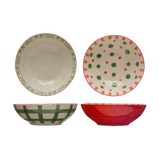 Hand-Painted Holiday Stoneware Bowl, Red & Green