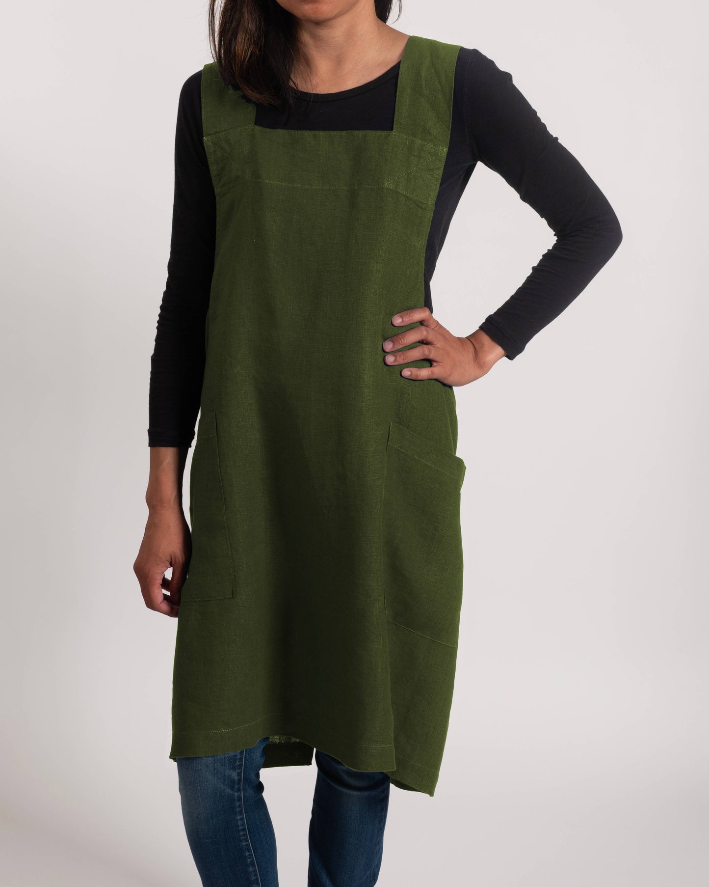 KAF Home Firenze Stone Washed Linen Cross Back Smock Apron, Olive